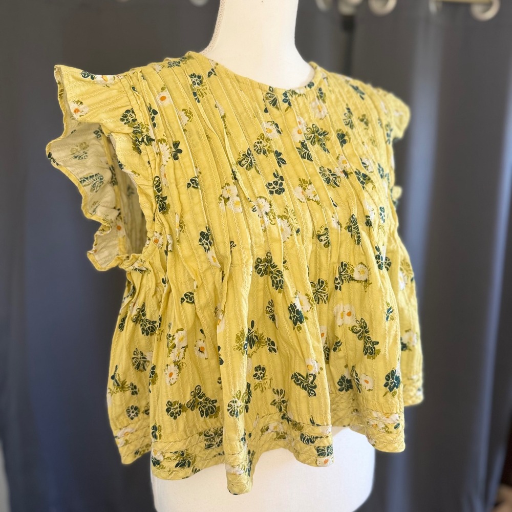 Pilcro Anthropologie Yellow Floral Pintuck Ruffle Sleeve Top Boho Cotton Large